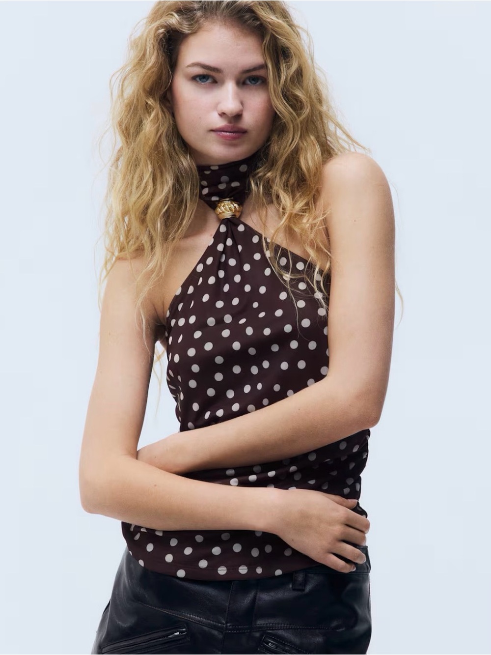 H&M Brown and White Polka Dot Halter Scarf Top